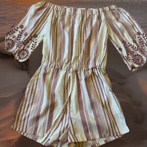 Style House Women Romper Shorts Embroidered Top Pink Stripes Festival Fairy Boho